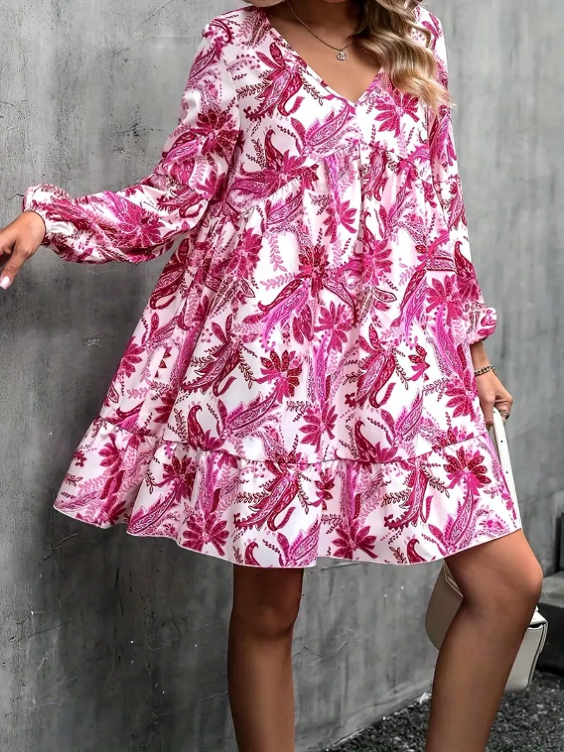 Floral V-Neck Balloon Sleeve Dress-Angel Casuals