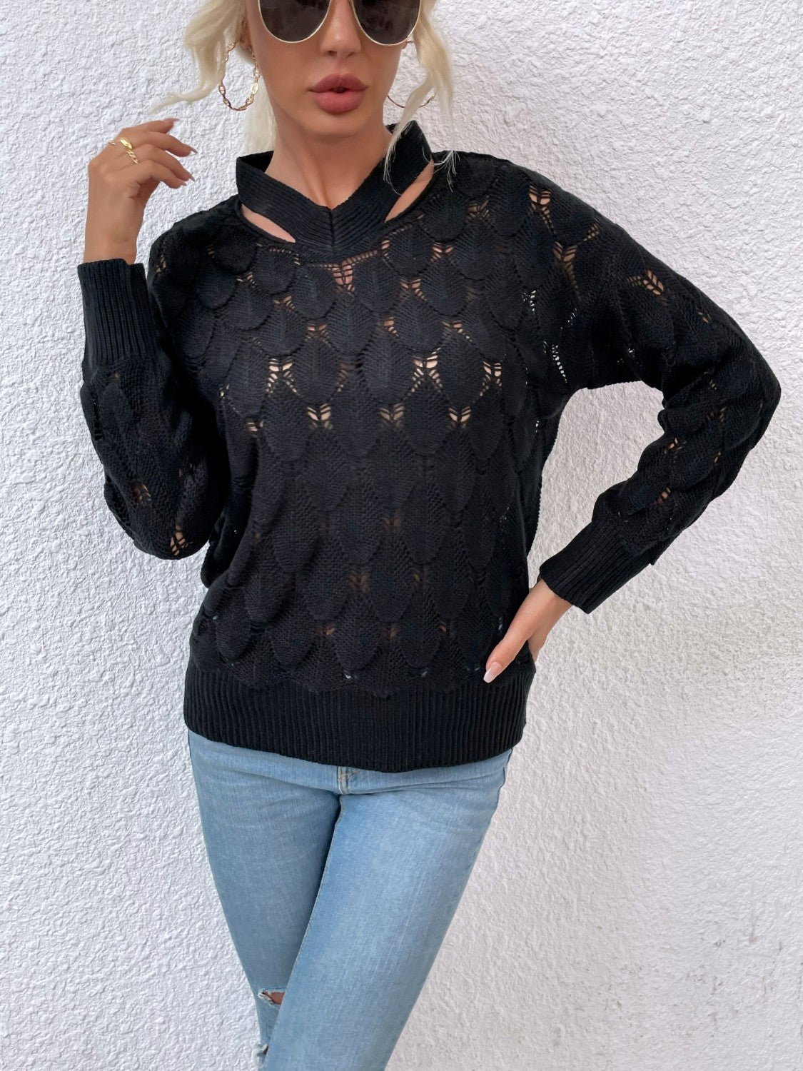 Openwork Cutout Dropped Shoulder Sweater-Angel Casuals