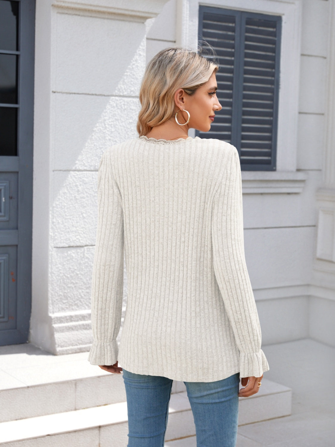 Lace Detail V-Neck Long Sleeve T-Shirt-Angel Casuals