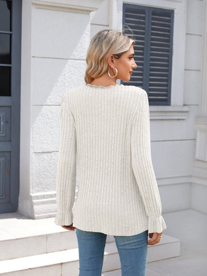 Lace Detail V-Neck Long Sleeve T-Shirt-Angel Casuals