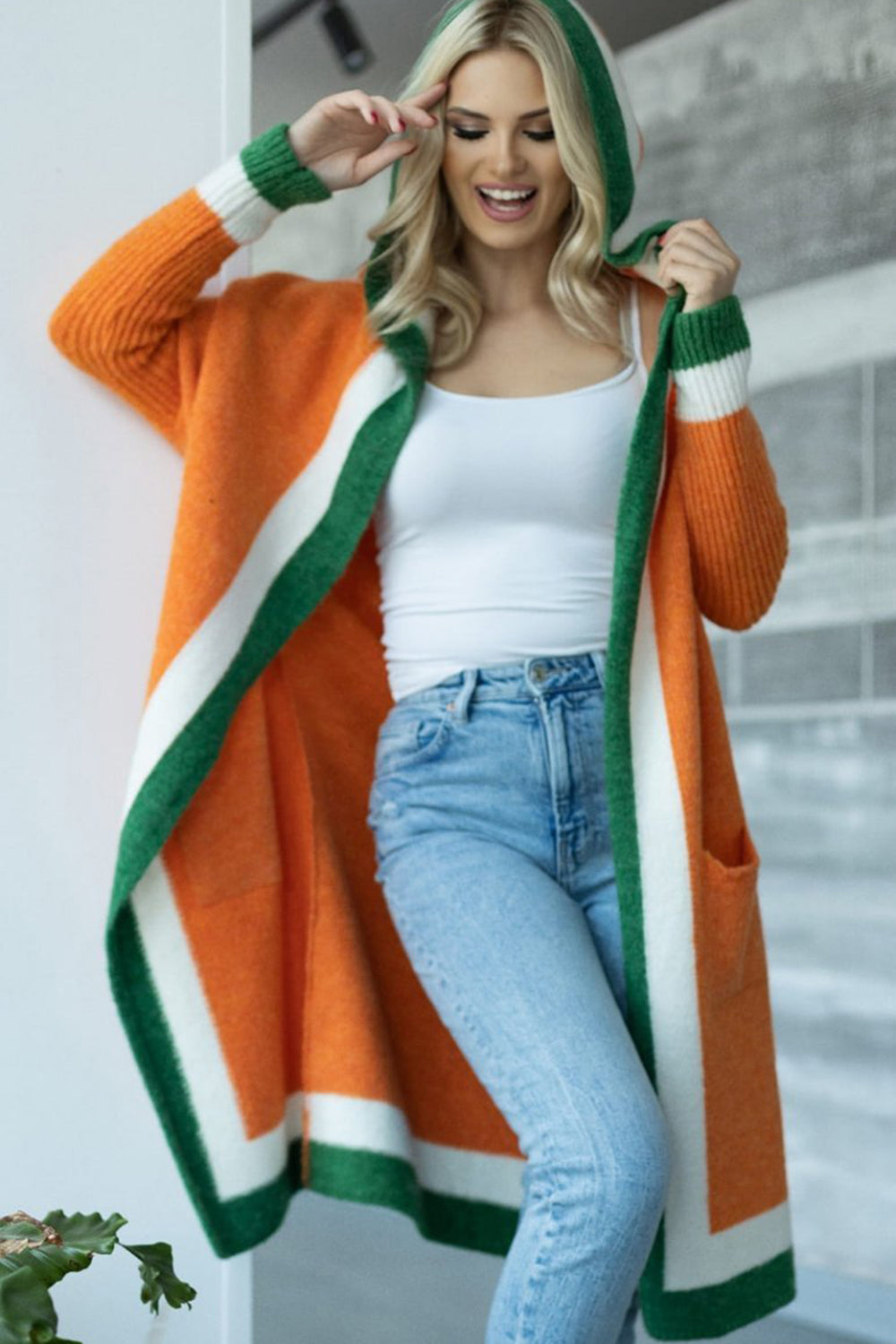 Pocketed Contrast Long Sleeve Hooded Cardigan-Angel Casuals