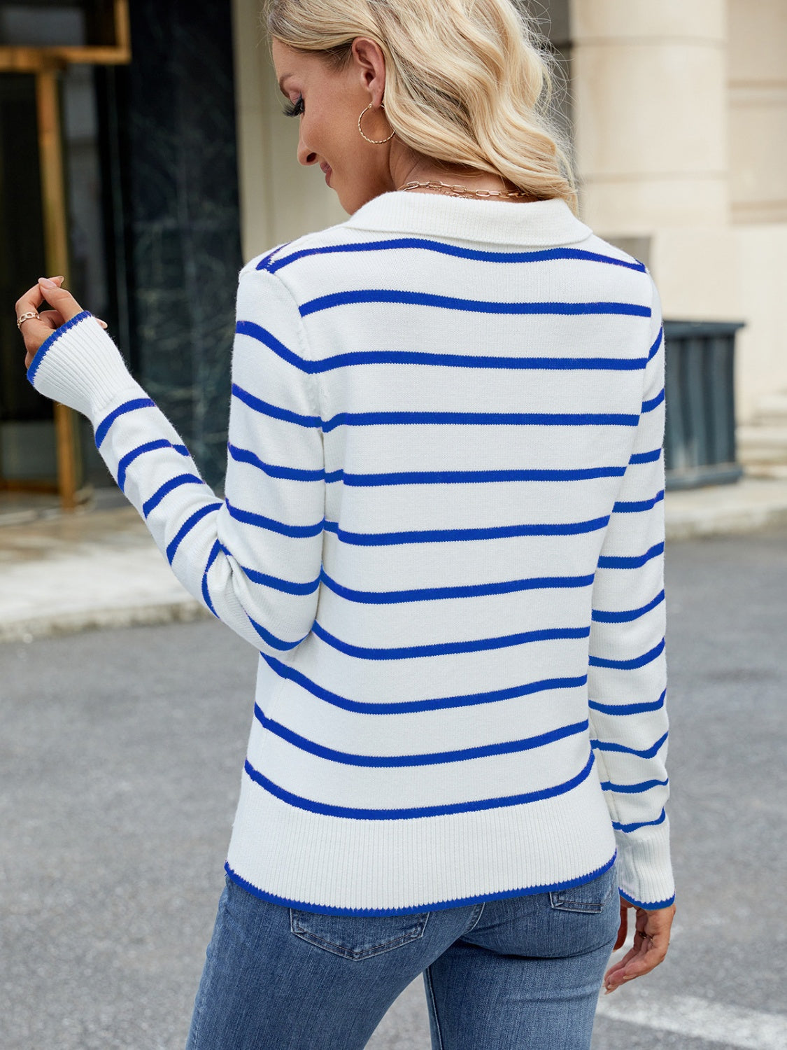 Striped Johnny Collar Long Sleeve Sweater-Angel Casuals