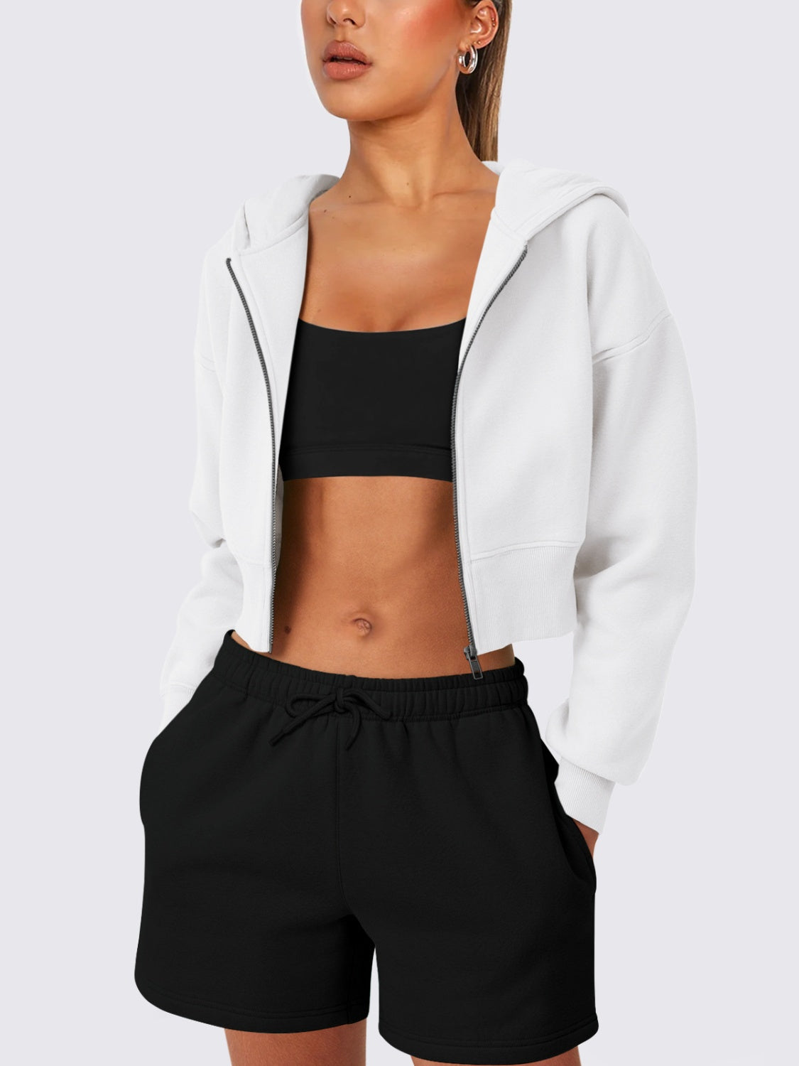 Zip Up Long Sleeve Hooded Cropped Jacket-Angel Casuals