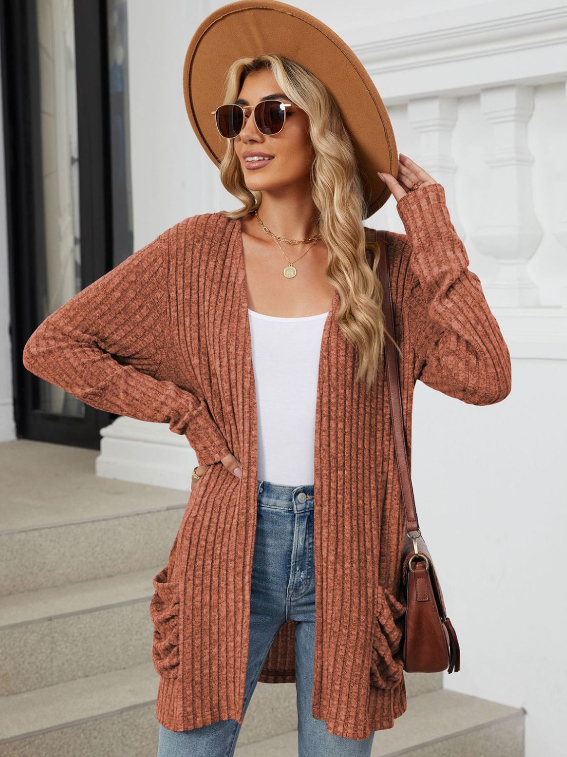 Pocketed Open Front Long Sleeve Cardigan-Angel Casuals