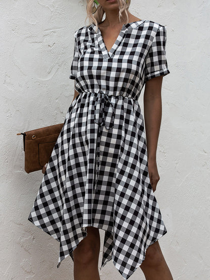 Plaid Notched Short Sleeve Dress-Angel Casuals