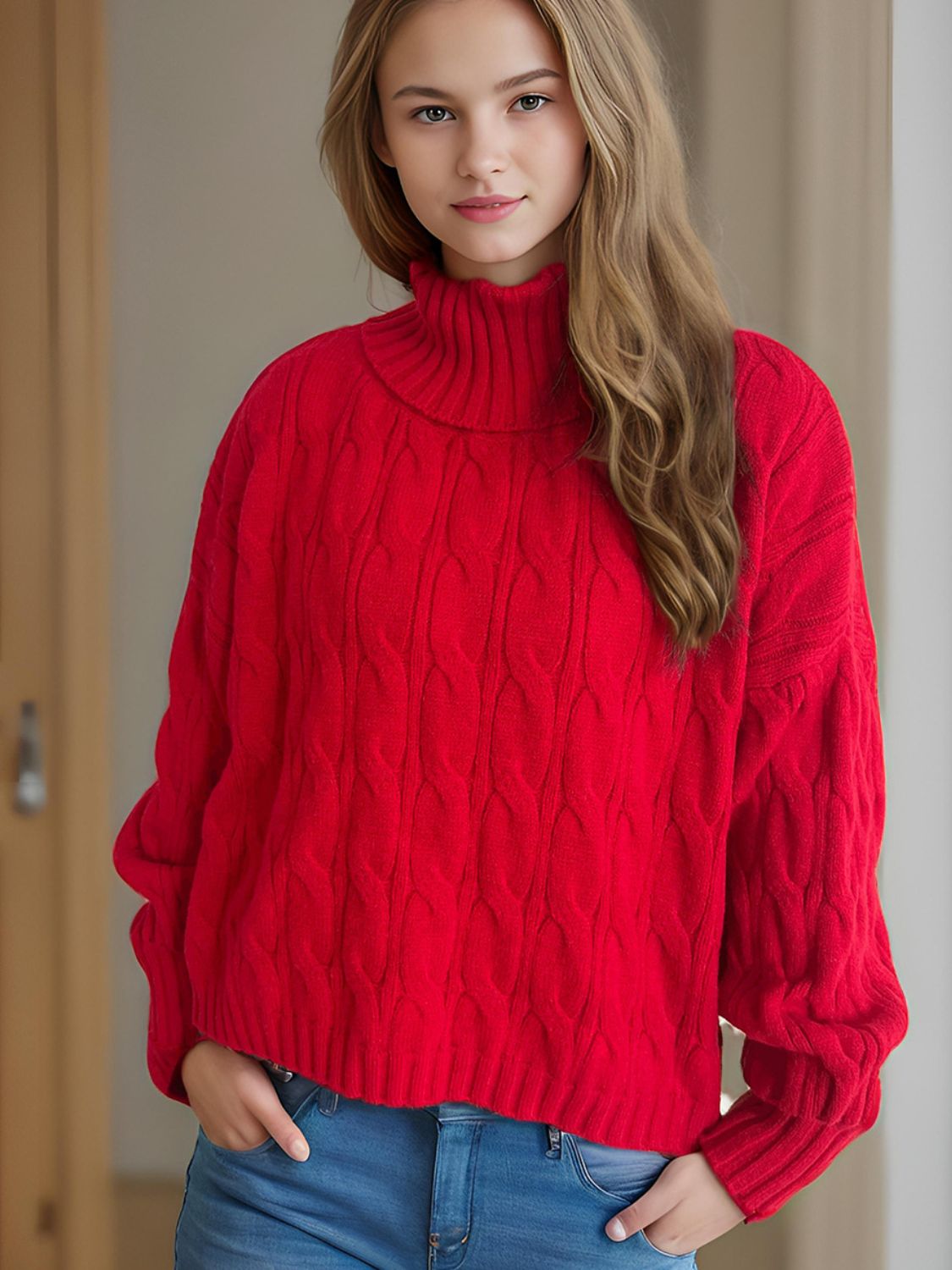 Cable-Knit Turtleneck Long Sleeve Sweater-Angel Casuals