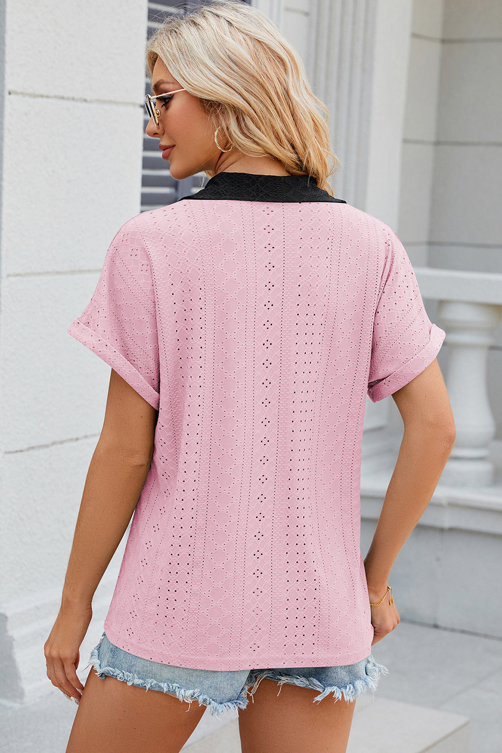 Eyelet Johnny Collar Short Sleeve T-Shirt-Angel Casuals
