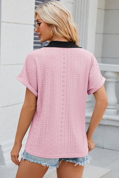 Eyelet Johnny Collar Short Sleeve T-Shirt-Angel Casuals