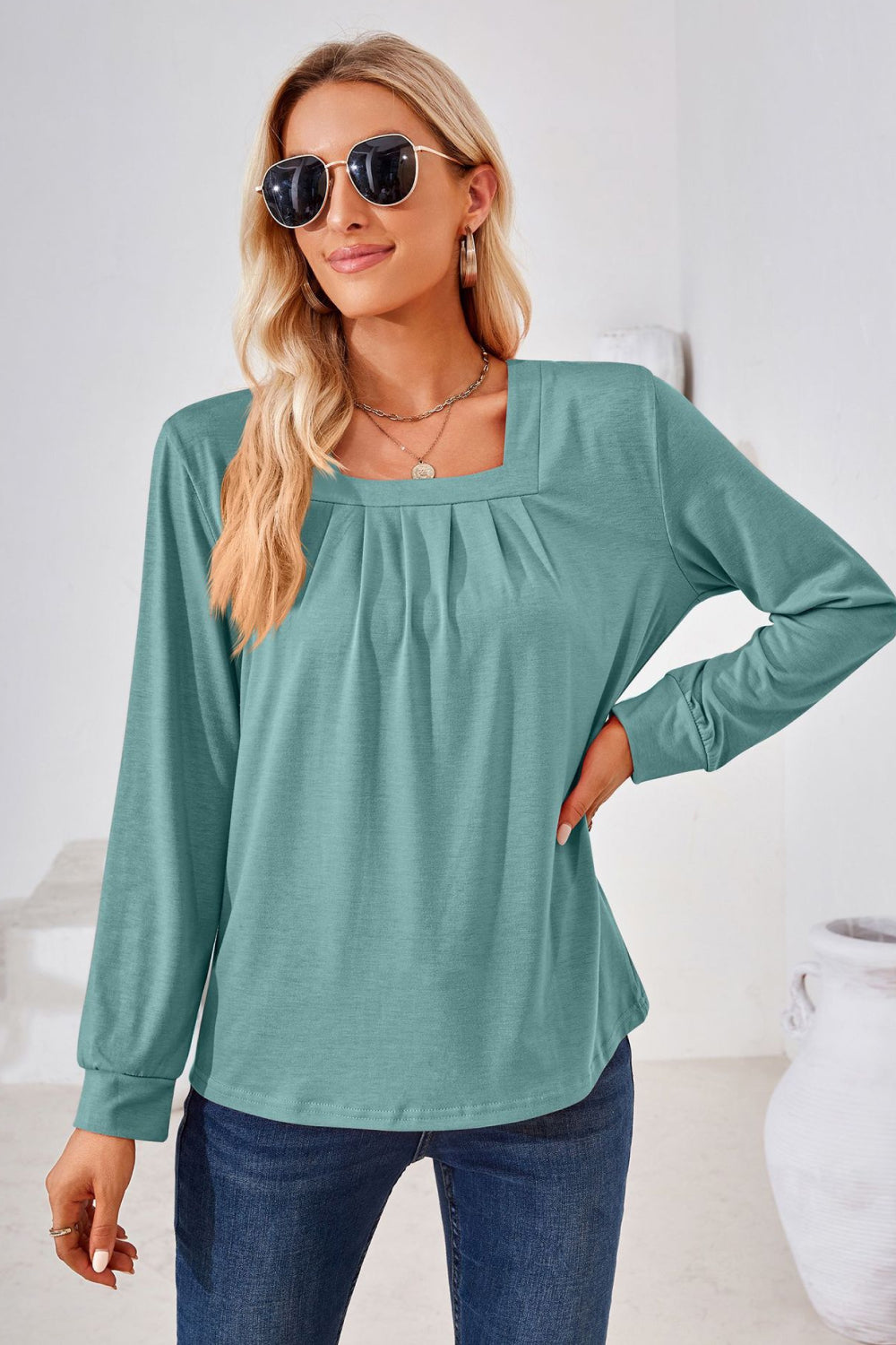 Square Neck Ruched Long Sleeve Blouse-Angel Casuals