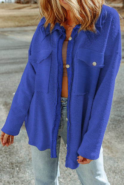 Pocketed Button Up Droppped Shoulder Jacket-Angel Casuals