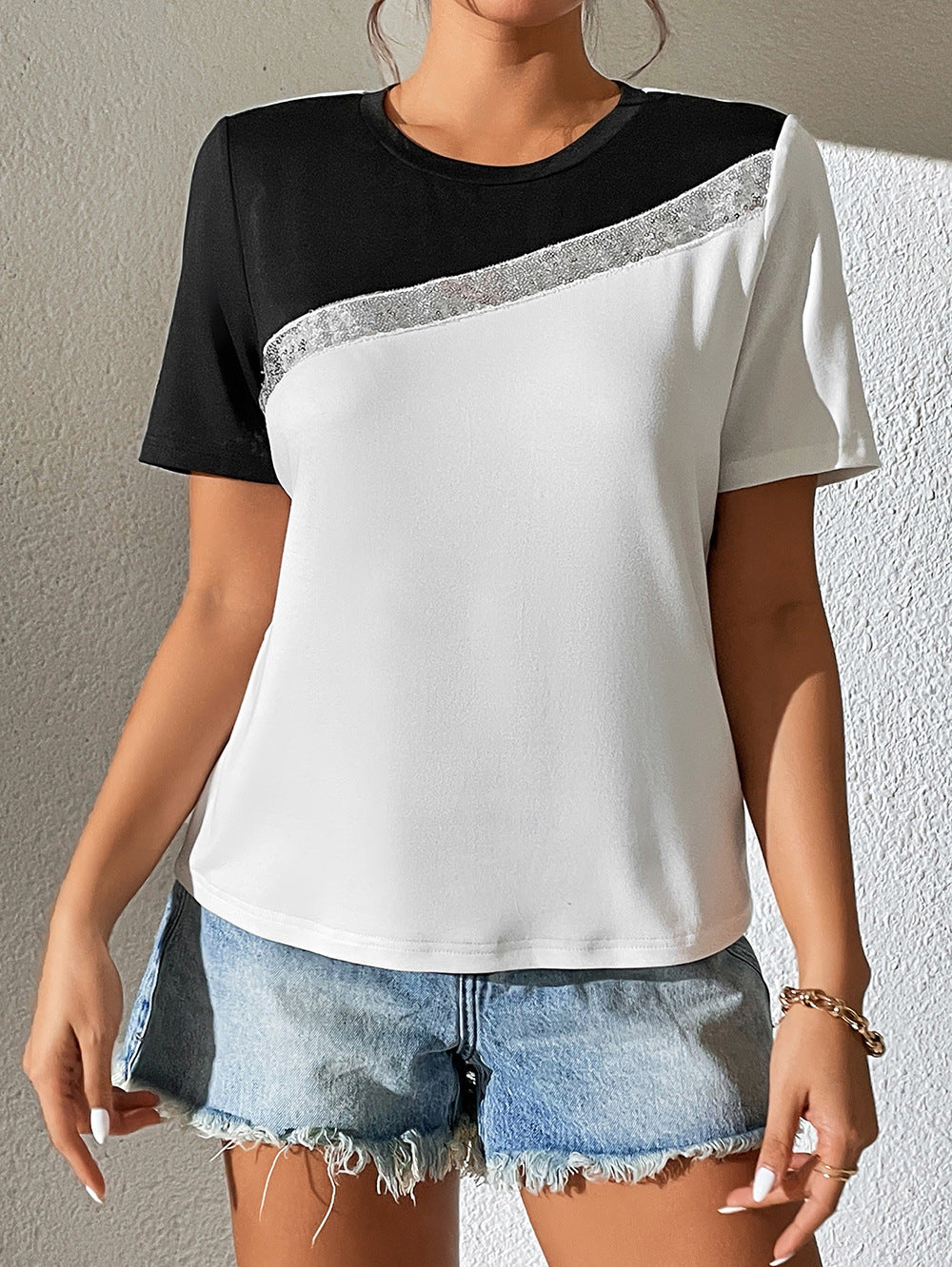 Contrast Color Round Neck Short Sleeve Tee-Angel Casuals