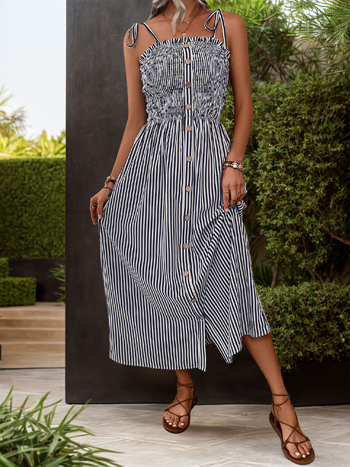 Tied Smocked Striped Sleeveless Midi Dress-Angel Casuals