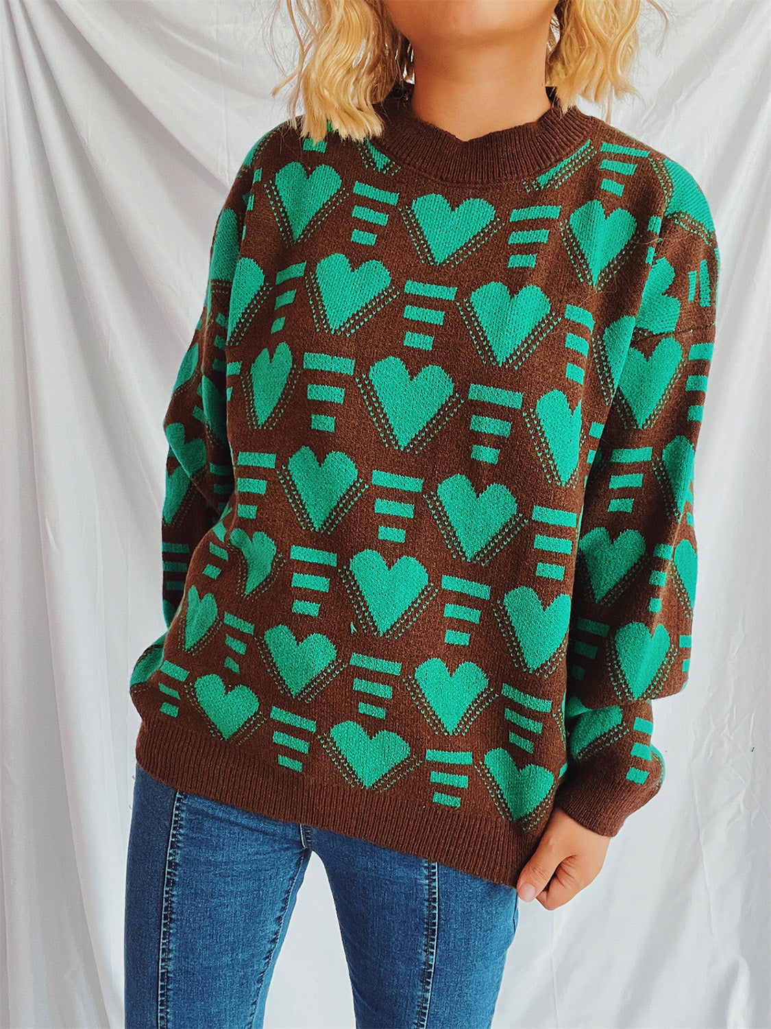 Heart Contrast Long Sleeve Dropped Shoulder Sweater-Angel Casuals