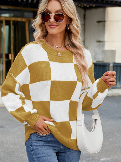 Checkered Round Neck Long Sleeve Sweater-Angel Casuals