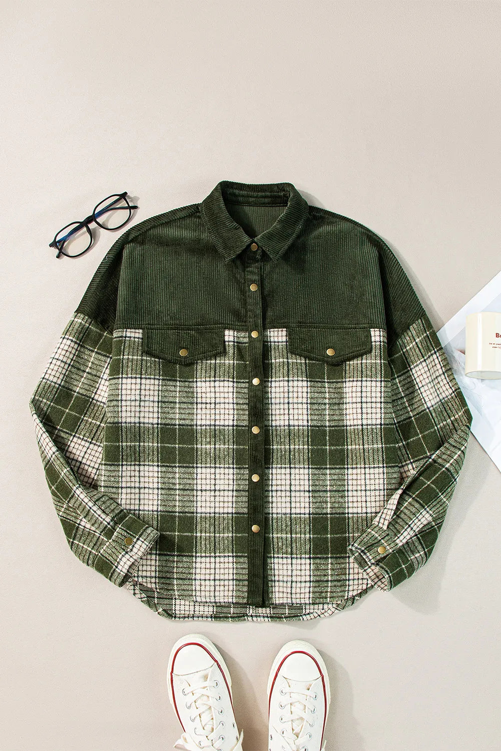 Plaid Button Up Long Sleeve Jacket-Angel Casuals