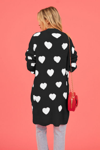 Heart Graphic Open Front Cardigan with Pockets-Angel Casuals