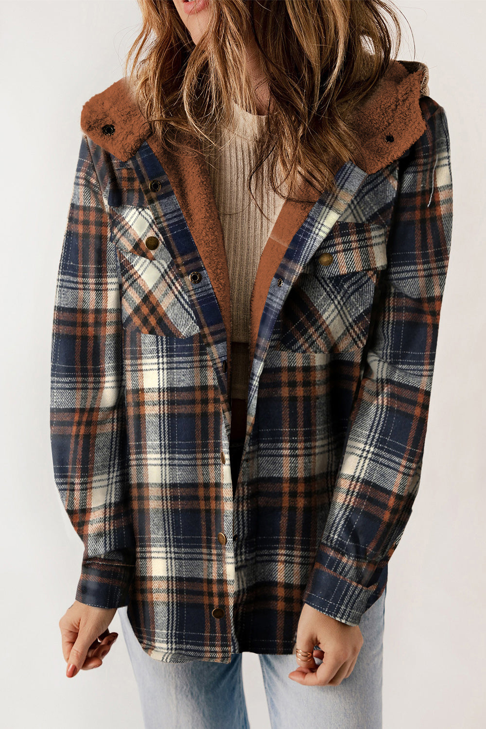 Plaid Snap Down Hooded Jacket-Angel Casuals