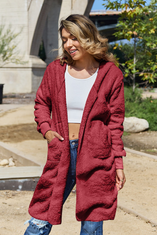 Double Take Full Size Hooded Teddy Bear Jacket with Thumbholes-Angel Casuals