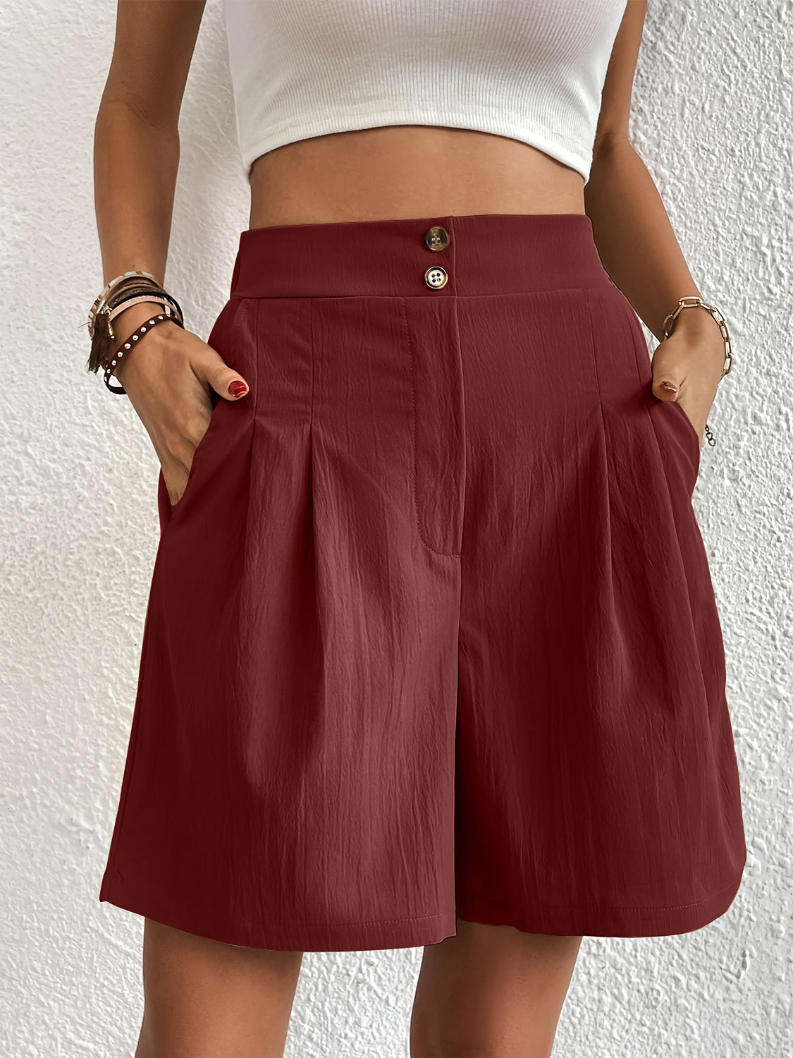 Pocketed Half Elastic Waist Shorts-Angel Casuals