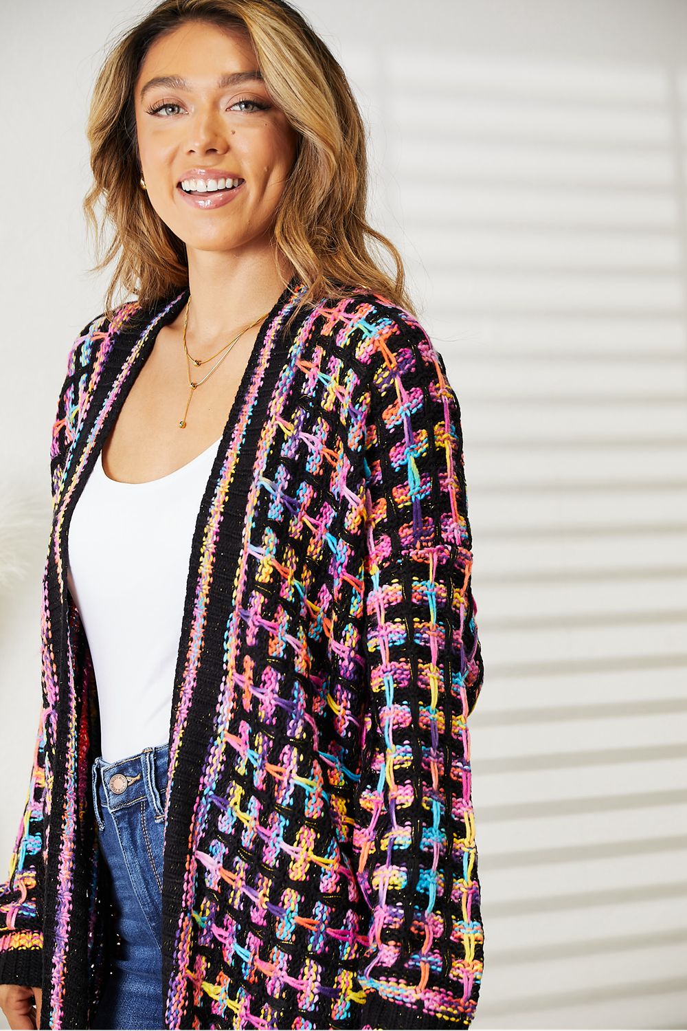 Full Size Multicolored Open Front Fringe Hem Cardigan-Angel Casuals