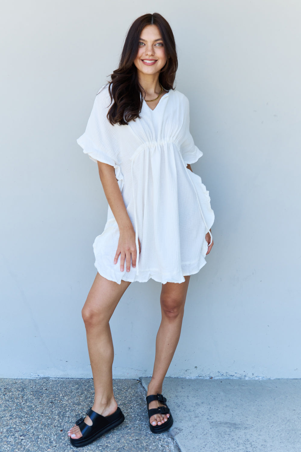 Ninexis Out Of Time Full Size Ruffle Hem Dress with Drawstring Waistband in White-Angel Casuals