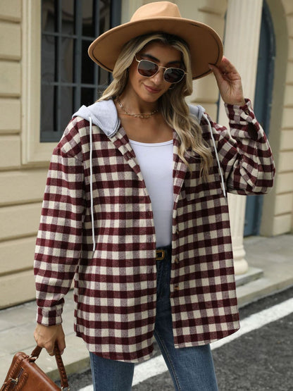 Drawstring Plaid Long Sleeve Hooded Jacket-Angel Casuals