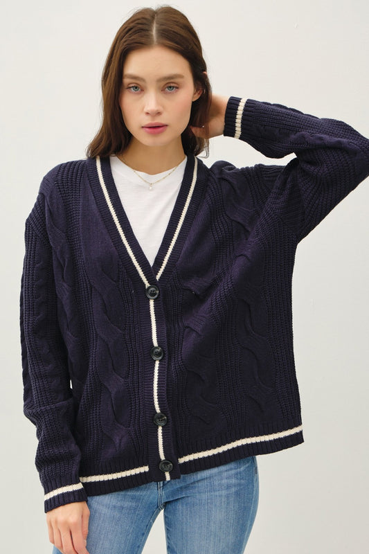 Be Cool Contrast Trim Cable-Knit V-Neck Cardigan-Angel Casuals