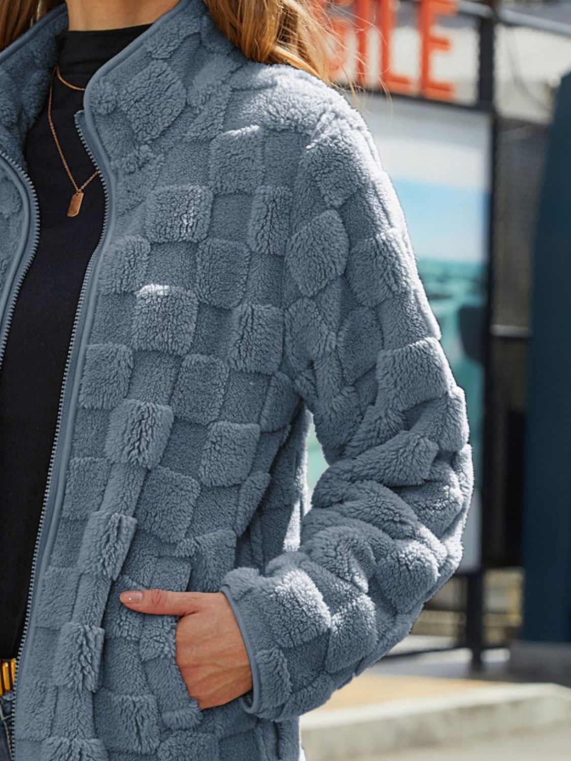 Fuzzy Checkered Zip Up Jacket-Angel Casuals