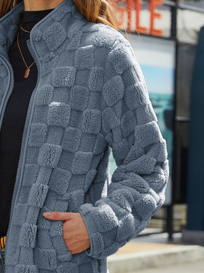 Fuzzy Checkered Zip Up Jacket-Angel Casuals