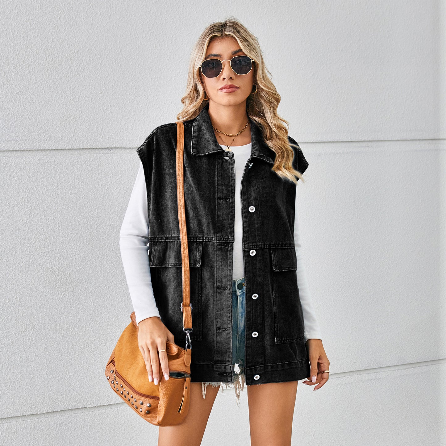 Pocketed Button Up Sleeveless Denim Jacket-Angel Casuals