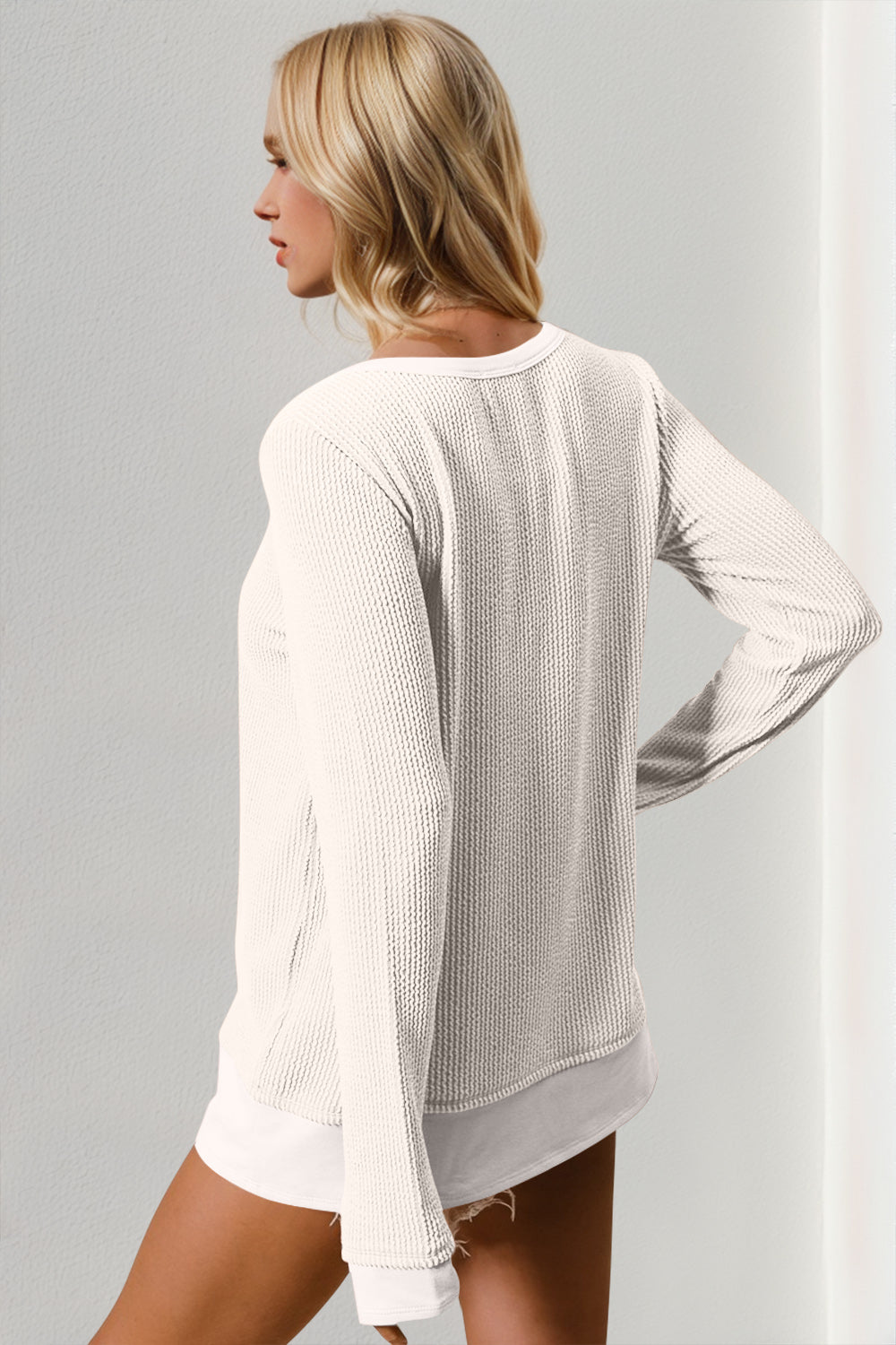 Double Take Corded Rib Thumbhole Cuff Round Neck T-Shirt-Angel Casuals