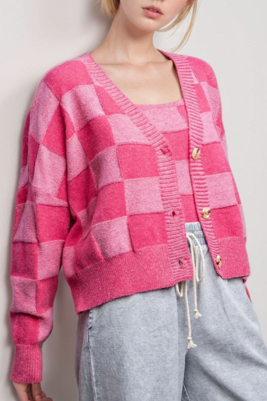 Checkered V-Neck Long Sleeve Cardigan-Angel Casuals