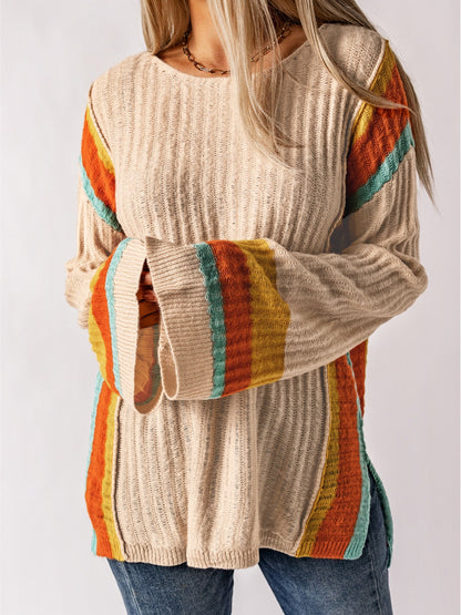 Striped Round Neck Long Sleeve Sweater-Angel Casuals