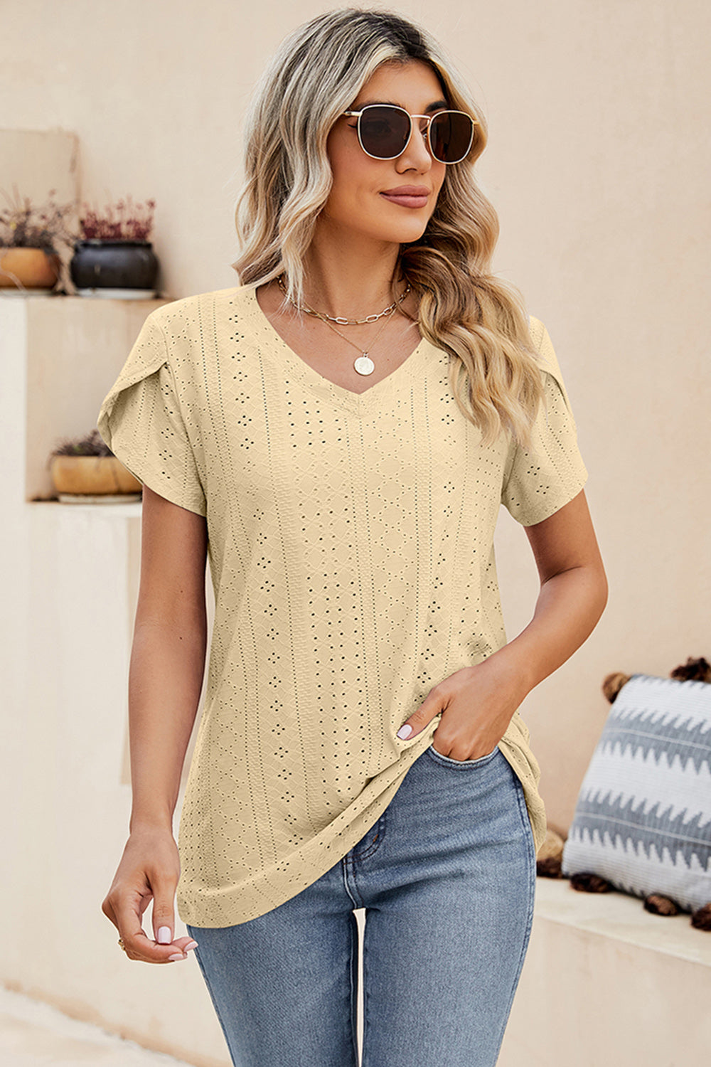 Eyelet V-Neck Petal Sleeve T-Shirt-Angel Casuals