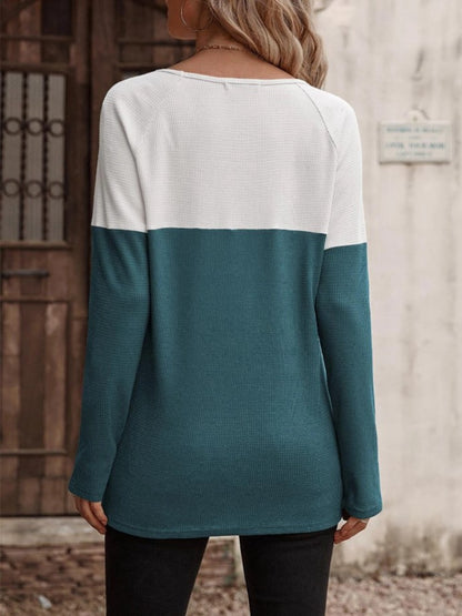 Contrast Round Neck Long Sleeve T-Shirt-Angel Casuals