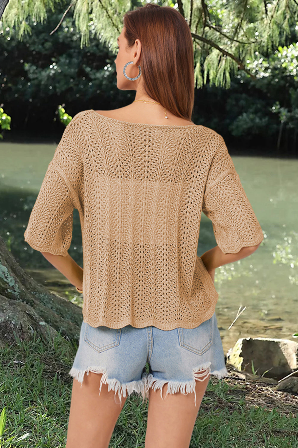 Openwork Round Neck Half Sleeve Knit Top-Angel Casuals