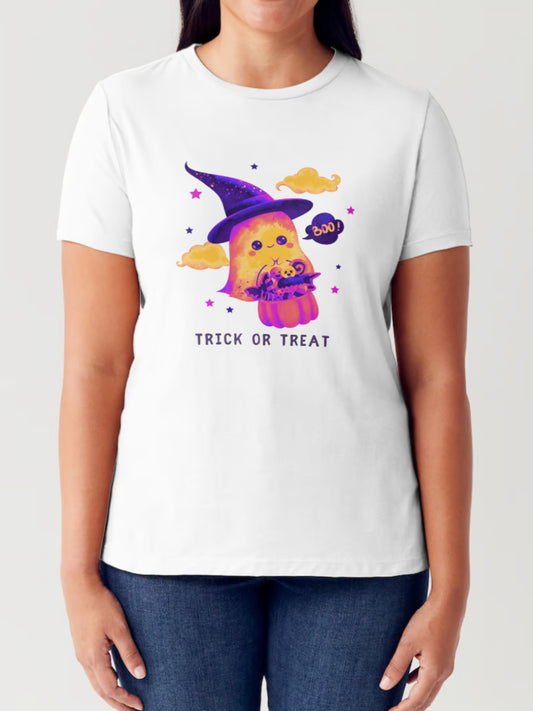 Simply Love Full Size TRICK OR TREAT Ghost Graphic Short Sleeve Tubular T-Shirt-Angel Casuals