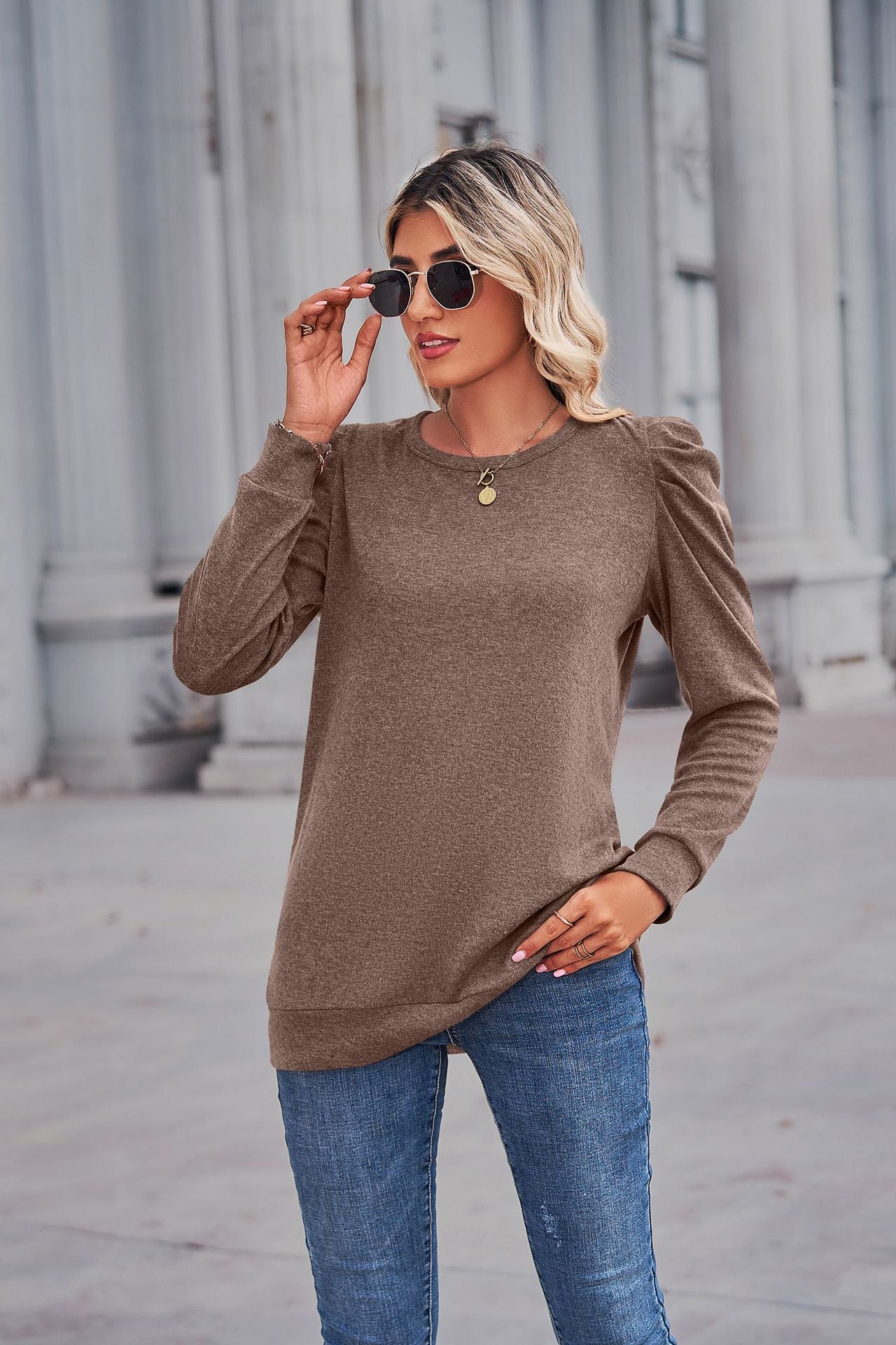 Heathered Puff Sleeve Round Neck Tunic Top-Angel Casuals