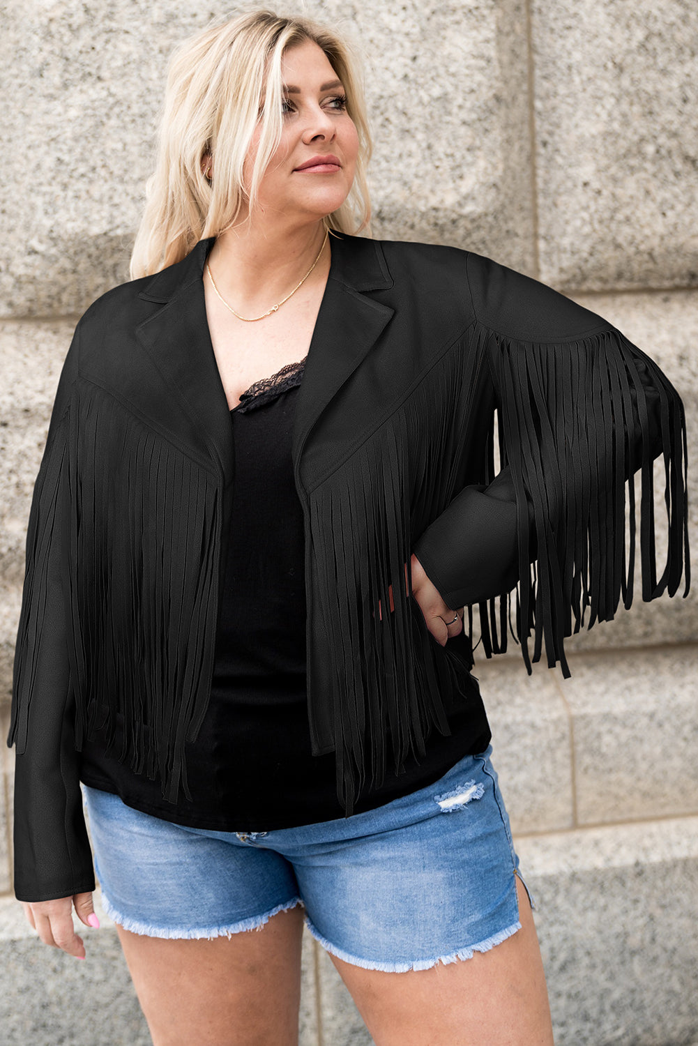 Plus Size Fringe Open Front Jacket-Angel Casuals