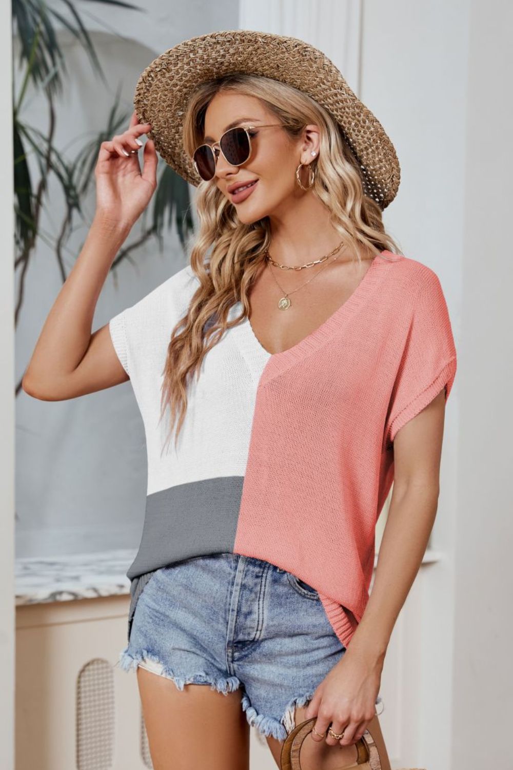 Color Block V-Neck Knit Top-Angel Casuals