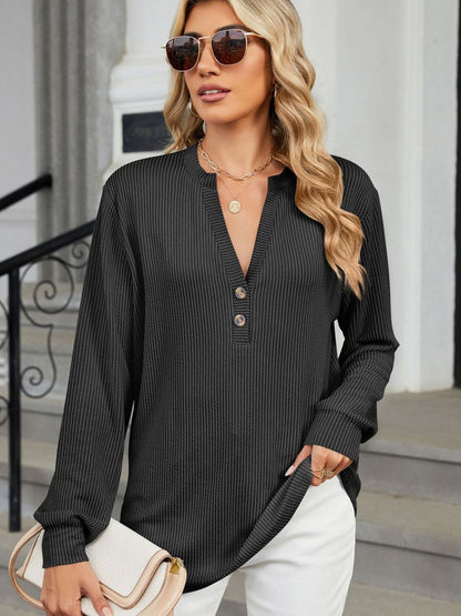 Striped Notched Long Sleeve T-Shirt-Angel Casuals