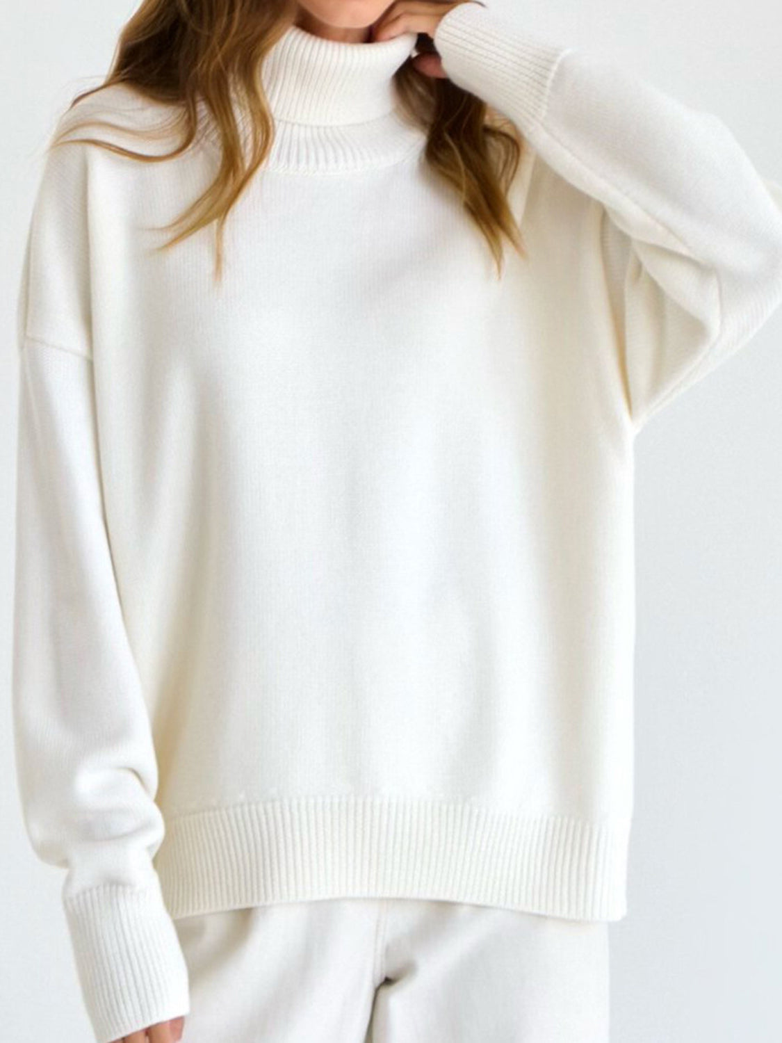 Ribbed Detail Turtleneck Dropped Shoulder Sweater-Angel Casuals