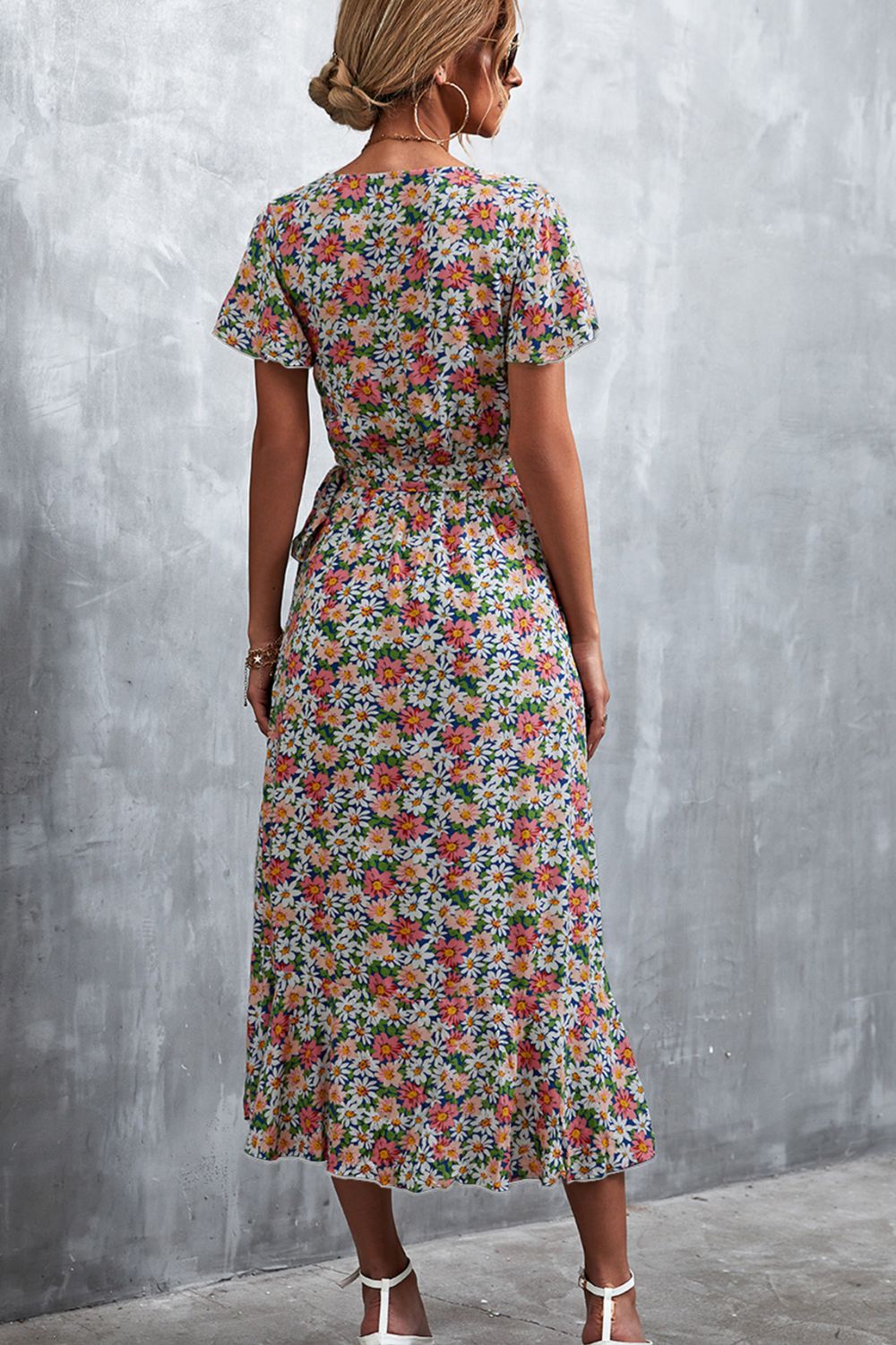 Floral Surplice Neck Tied Midi Dress-Angel Casuals