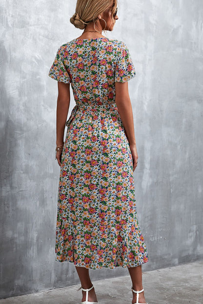 Floral Surplice Neck Tied Midi Dress-Angel Casuals