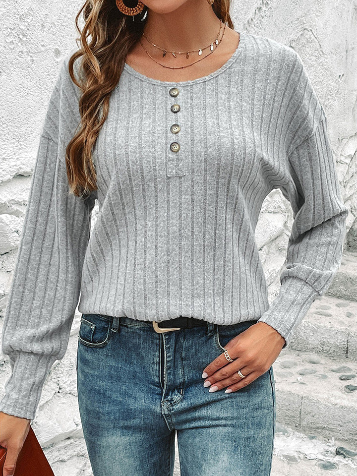 Decorative Button Round Neck Top-Angel Casuals