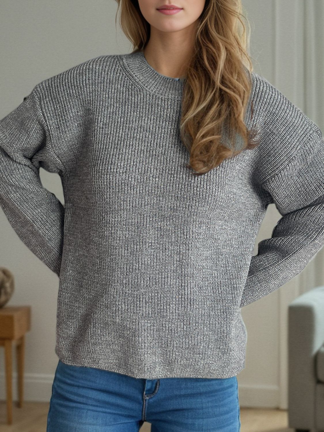 Solid Color Round Neck Long Sleeve Sweater-Angel Casuals