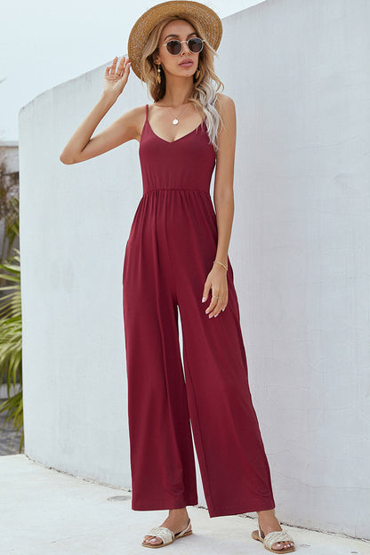 V-Neck Spaghetti Strap Wide Leg Jumpsuit-Angel Casuals