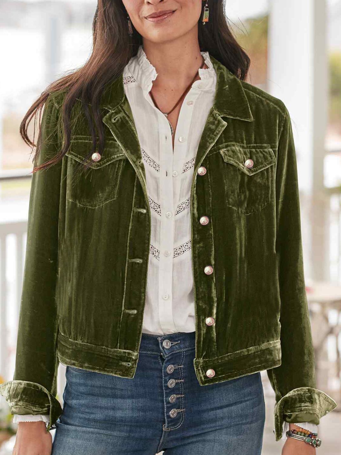 Button Up Long Sleeve Jacket with Chest Pockets-Angel Casuals