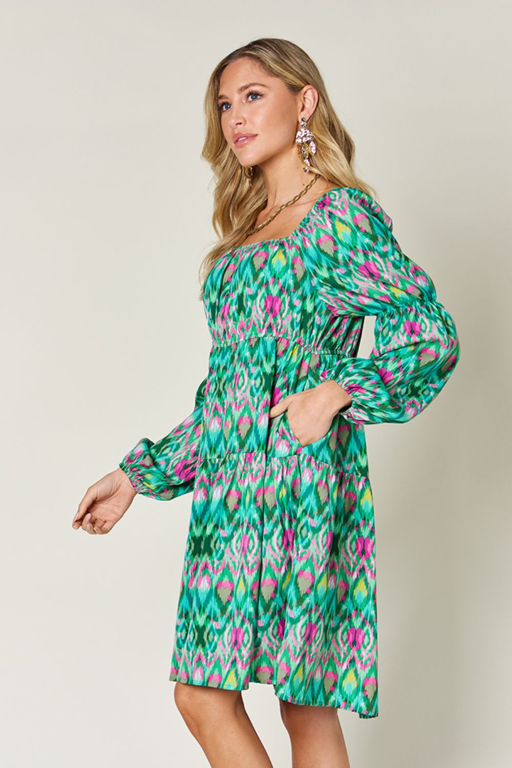 Double Take Full Size Printed Long Sleeve Dress-Angel Casuals