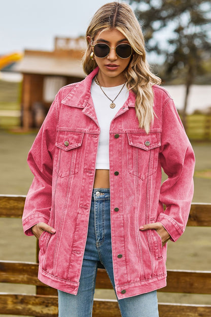 Buttoned Collared Neck Denim Jacket with Pockets-Angel Casuals